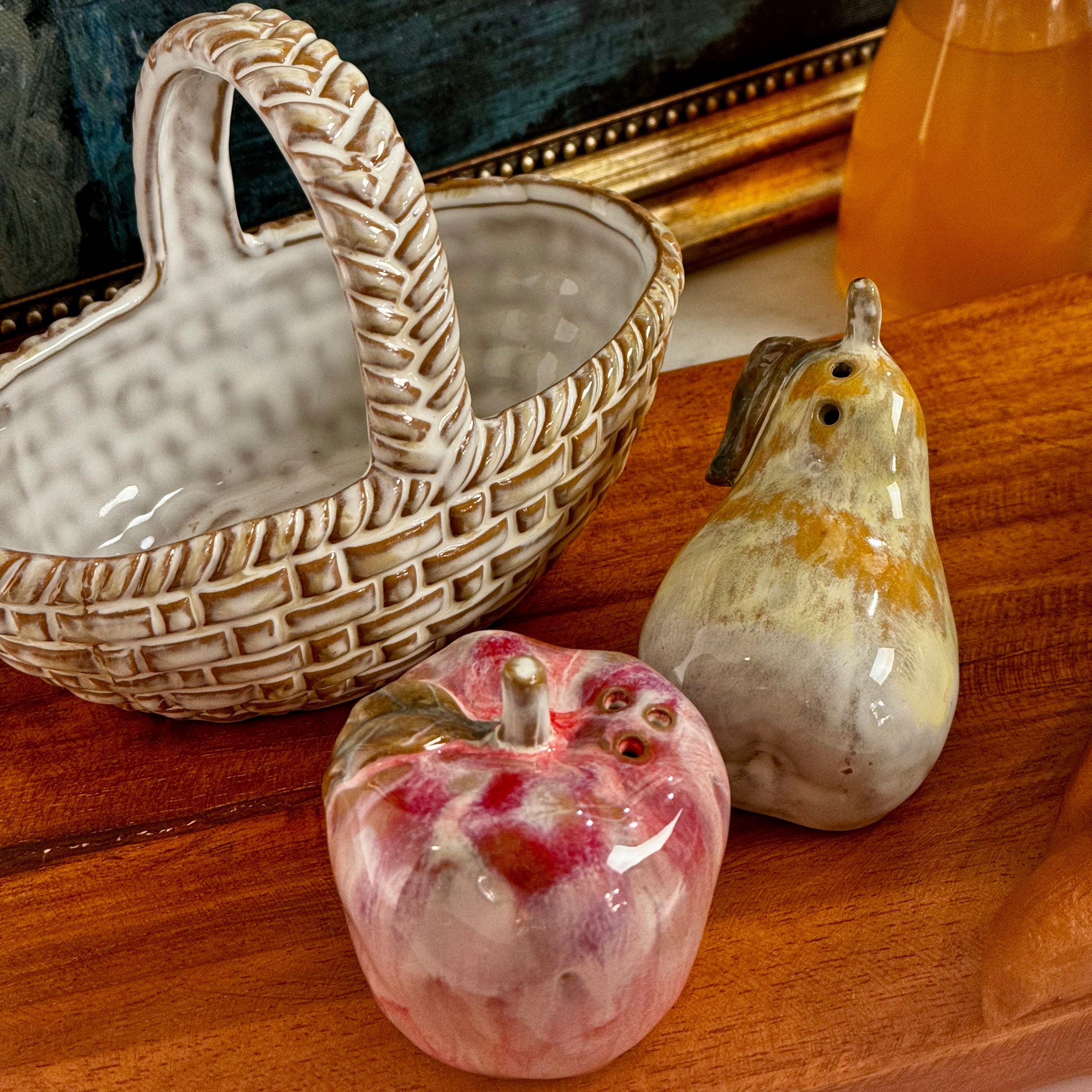 Stoneware Apple & Pear Salt and Pepper Shakers in Basket